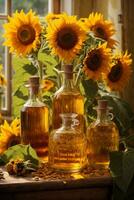 Sunflower oil in glass bottles with sunflowers on wooden background, AI Generative photo