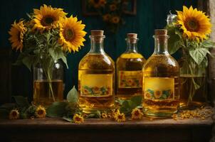 Sunflower oil in glass bottles with sunflowers on wooden background, AI Generative photo
