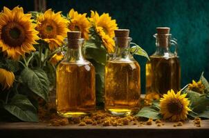 Sunflower oil in glass bottles with sunflowers on wooden background, AI Generative photo