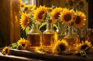 Sunflower oil in glass bottles with sunflowers on wooden background, AI Generative photo