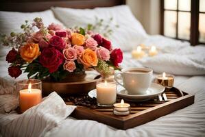 Romantic breakfast in bed with coffee, rose flowers, candles and coffee beans, AI Generative photo