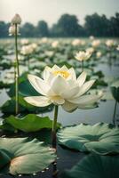 Beautiful white lotus flower blooming in the pond with sunlight. AI Generative photo