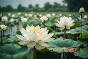 Beautiful white lotus flower blooming in the pond with sunlight. AI Generative photo