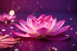 Pink lotus on purple background with bokeh lights and sparkles, AI Generative photo