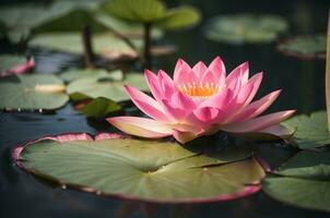 Pink water lily in the pond with green leaves and reflection. AI Generative photo