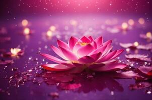 Pink lotus on purple background with bokeh lights and sparkles, AI Generative photo