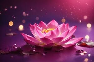 Pink lotus on purple background with bokeh lights and sparkles, AI Generative photo