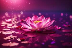 Pink lotus on purple background with bokeh lights and sparkles, AI Generative photo