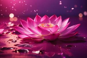 Pink lotus on purple background with bokeh lights and sparkles, AI Generative photo