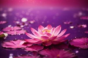 Pink lotus on purple background with bokeh lights and sparkles, AI Generative photo