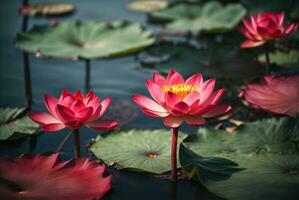 Beautiful lotus flower blooming in the pond with mountain background, AI Generative photo