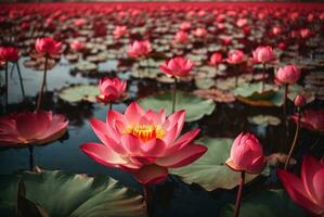 Beautiful lotus flower blooming in the pond with mountain background, AI Generative photo