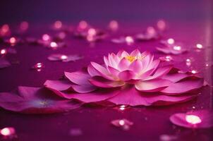 Pink lotus on purple background with bokeh lights and sparkles, AI Generative photo
