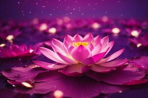 Pink lotus on purple background with bokeh lights and sparkles, AI Generative photo