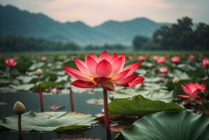 Beautiful lotus flower blooming in the pond with mountain background, AI Generative photo