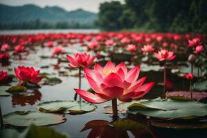 Beautiful lotus flower blooming in the pond with mountain background, AI Generative photo