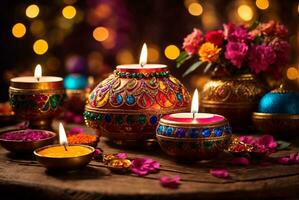 Diwali or Deepavali - Clay Diya lamps lit during Diwali celebration in India. AI Generative photo