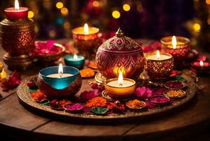 Diwali or Deepavali - Clay Diya lamps lit during Diwali celebration in India. AI Generative photo