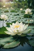 Beautiful white lotus flower blooming in the pond with sunlight. AI Generative photo