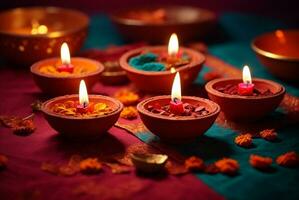 Diwali or Deepavali - Clay Diya lamps lit during Diwali celebration in India. AI Generative photo