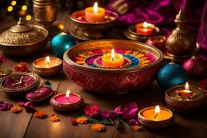 Diwali or Deepavali - Clay Diya lamps lit during Diwali celebration in India. AI Generative photo