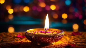 Diwali or Deepavali - Clay Diya lamps lit during Diwali celebration in India. AI Generative photo