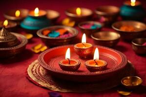 Diwali or Deepavali - Clay Diya lamps lit during Diwali celebration in India. AI Generative photo