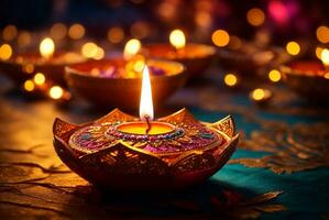 Diwali or Deepavali - Clay Diya lamps lit during Diwali celebration in India. AI Generative photo