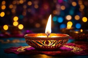 Diwali or Deepavali - Clay Diya lamps lit during Diwali celebration in India. AI Generative photo