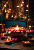 Diwali or Deepavali - Clay Diya lamps lit during Diwali celebration in India. AI Generative photo