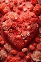 Heart made of beautiful flowers on color background. Valentine's Day celebration, AI Generative photo