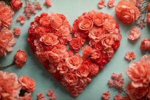 corazón hecho de hermosa flores en color antecedentes. San Valentín día celebracion, ai generativo foto