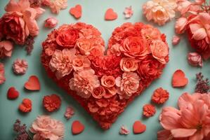 corazón hecho de hermosa flores en color antecedentes. San Valentín día celebracion, ai generativo foto