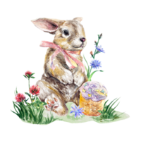 Rabbit with ribbon, Easter cake and meadow flowers. Watercolor illustration on an Easter theme. Design element for greeting cards, invitations, covers. png