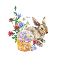 Rabbit, Easter cake, wild flowers of clover, chamomile, chicory. Watercolor illustration. Design element for greeting cards, invitations, flyers. png