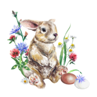 coelho, ovos e Prado flores aguarela ilustração em a Páscoa tema. Projeto elemento para cumprimento cartões, convites, capas. png