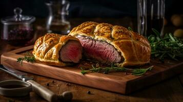 Indulge in the classic British dish with this Beef Wellington on a wooden tray, its savory aroma and appetizing appearance sure to impress. Generative AI photo