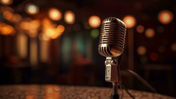 Vintage Microphone on Stage with Bokeh Lights Background. created with Generative AI photo