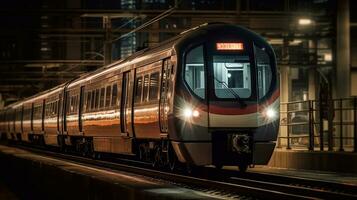 tren carreras mediante hermosa noche paisaje urbano con borroso antecedentes. creado con generativo ai foto