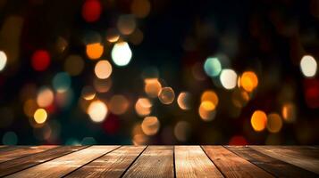 Empty Wooden Table with Blurred Bokeh Background - Neon Night View Close-Up. created with Generative AI photo