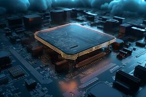 Generative AI. 3D Render of Neon Microchip Circuit Board with Floating Cloud photo