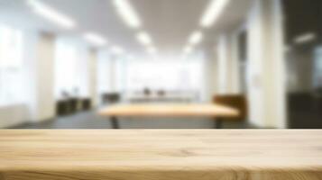 Wood Table Top with Blurred Bokeh Office Interior Space Background. created with Generative AI photo