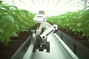 Smart Robotic Farmers Revolutionizing Agriculture. created with Generative AI photo
