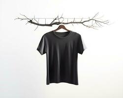 Clean and Minimal black T-Shirt Mockup on a Wooden Rail. Generative AI photo