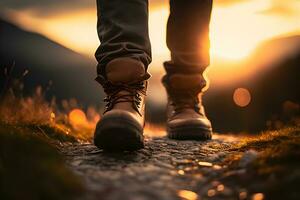 Close-up of Man's Leather Boots Walking Uphill in Morning Light with Bokeh Effect. Generative AI photo