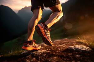 Morning Trail Run Close-up of male Runner's Legs and Shoes with Abstract Bokeh Lightcreated. Generative AI photo