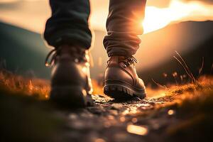 Close-up of Man's Leather Boots Walking Uphill in Morning Light with Bokeh Effect. Generative AI photo