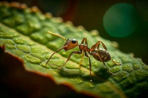 Macro Shot of Ant Carrying Leaf in Forest Habitat on Summer Day. Generative AI photo