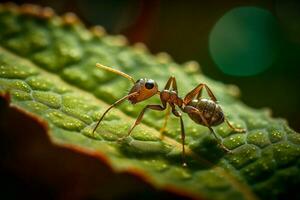 Macro Shot of Ant Carrying Leaf in Forest Habitat on Summer Day. Generative AI photo