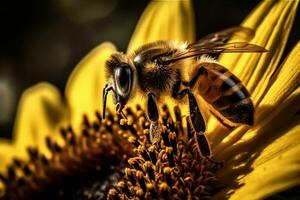 un ocupado abeja recoge néctar desde un vibrante girasol en un soleado día, exhibiendo el salvaje y fascinante vida de insectos generativo ai foto